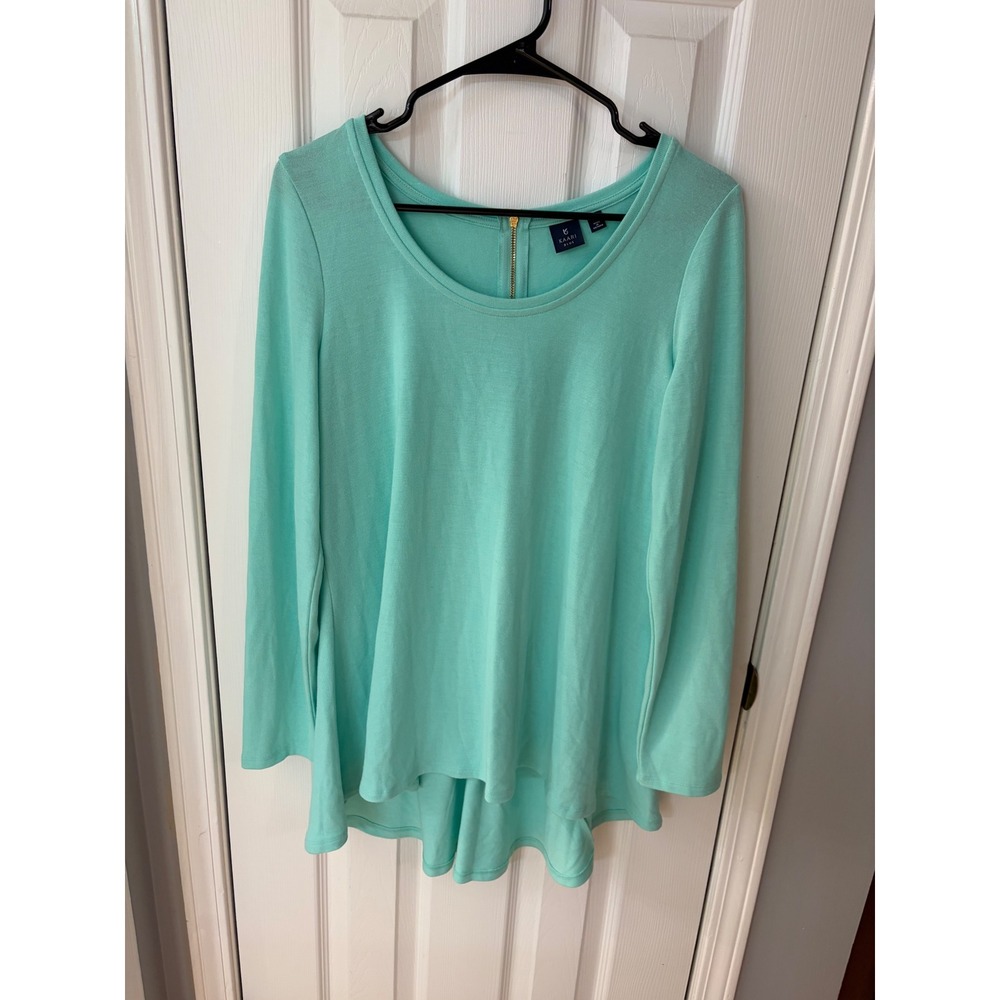 Kaari Blue Tunic Top Womens Medium Mint Green High-Low Back Zip Long Sleeve